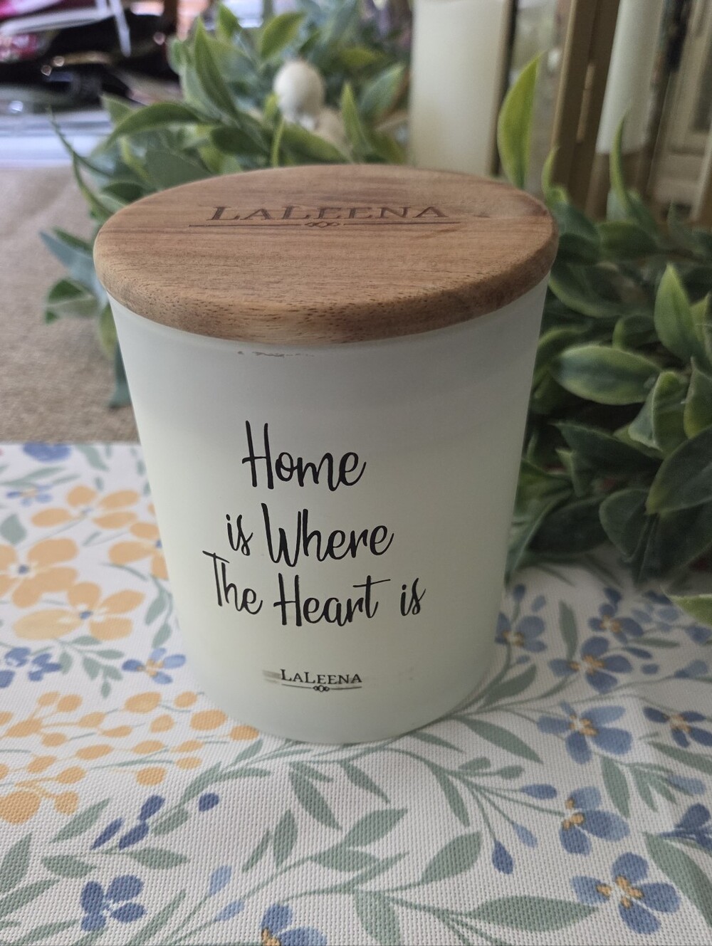 White Glass Candle Jar with Wooden Lid - "Home is Where The Heart is"
